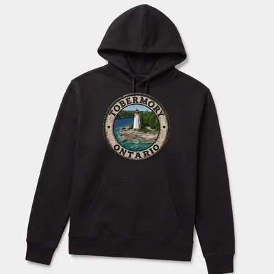 Vintage distressed T-shirt featuring a lighthouse with the text Tobermory Ontario — printed on a unisex hoodie