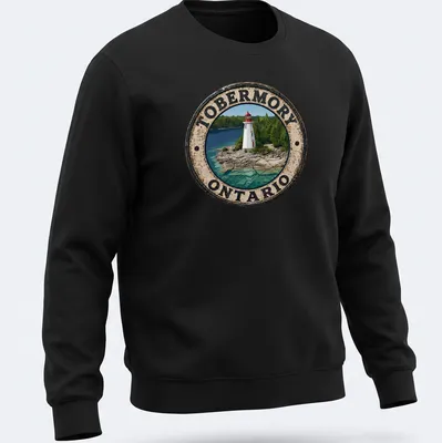 Vintage distressed T-shirt featuring a lighthouse with the text Tobermory Ontario — printed on a unisex sweatshirt