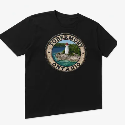 Vintage distressed T-shirt featuring a lighthouse with the text Tobermory Ontario — printed on a unisex t-shirt (angled view)