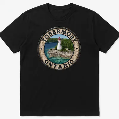 Vintage distressed T-shirt featuring a lighthouse with the text Tobermory Ontario