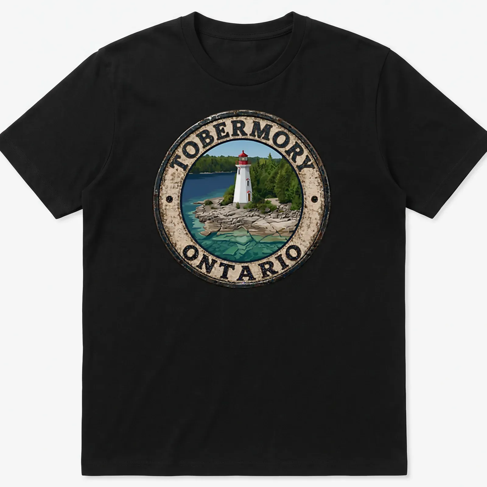 Vintage distressed T-shirt featuring a lighthouse with the text Tobermory Ontario — printed on a unisex t-shirt
