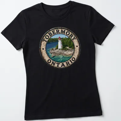 Vintage distressed T-shirt featuring a lighthouse with the text Tobermory Ontario — printed on a women's shirt