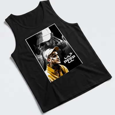 Illustrative portrait of Lil Peep with a crown and tattoos in yellow, black, white, and gray — printed on a tank top