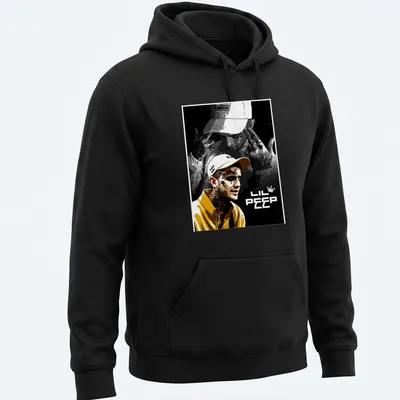 Illustrative portrait of Lil Peep with a crown and tattoos in yellow, black, white, and gray — printed on a unisex hoodie