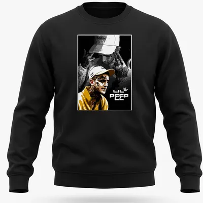 Illustrative portrait of Lil Peep with a crown and tattoos in yellow, black, white, and gray — printed on a unisex sweatshirt