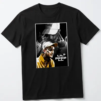 Illustrative portrait of Lil Peep with a crown and tattoos in yellow, black, white, and gray