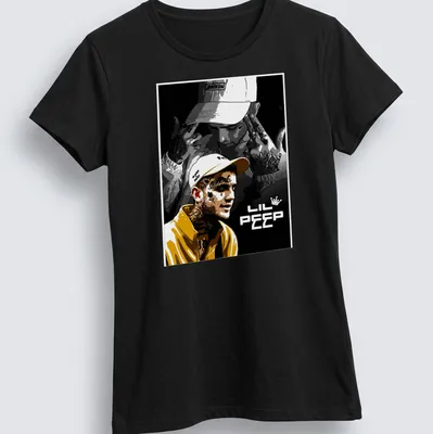 Illustrative portrait of Lil Peep with a crown and tattoos in yellow, black, white, and gray — printed on a women's shirt