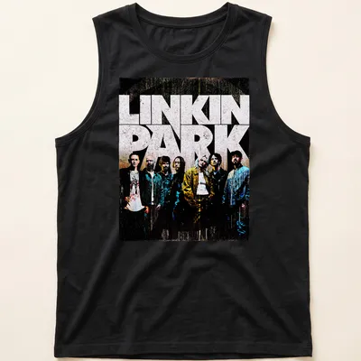 Linkin Park band members graphic on a vintage-style t-shirt in grunge colors — printed on a tank top