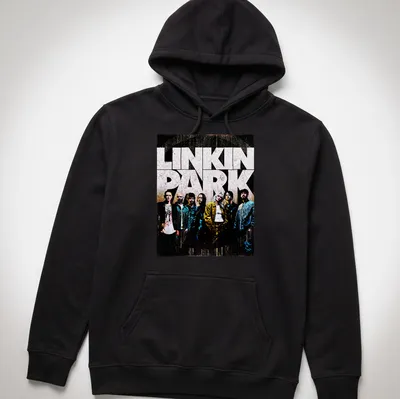 Linkin Park band members graphic on a vintage-style t-shirt in grunge colors — printed on a unisex hoodie