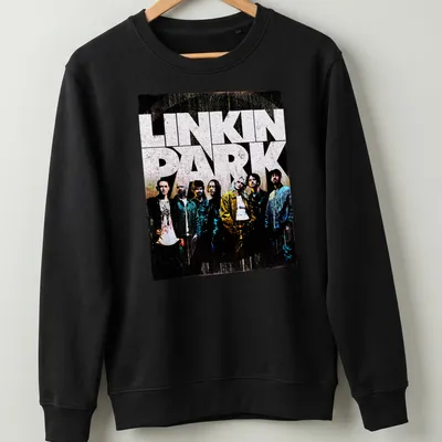 Linkin Park band members graphic on a vintage-style t-shirt in grunge colors — printed on a unisex sweatshirt