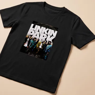 Linkin Park band members graphic on a vintage-style t-shirt in grunge colors