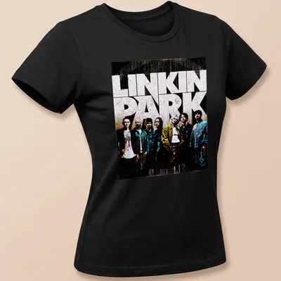 Linkin Park band members graphic on a vintage-style t-shirt in grunge colors — printed on a women's shirt