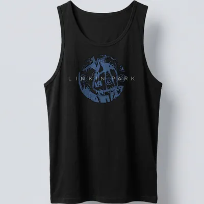 Linkin Park logo t-shirt featuring bold grunge style lettering in blue, black, and white — printed on a tank top