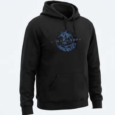 Linkin Park logo t-shirt featuring bold grunge style lettering in blue, black, and white — printed on a unisex hoodie