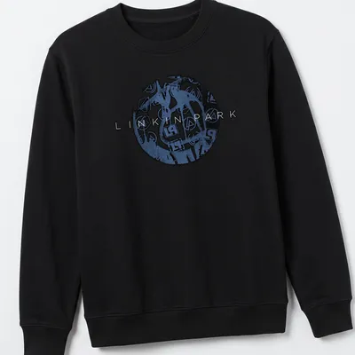 Linkin Park logo t-shirt featuring bold grunge style lettering in blue, black, and white — printed on a unisex sweatshirt