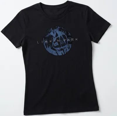 Linkin Park logo t-shirt featuring bold grunge style lettering in blue, black, and white — printed on a women's shirt