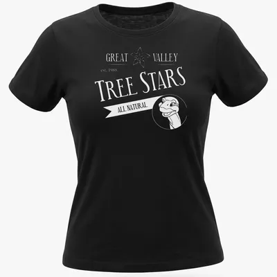 Black and white line art of a long neck dinosaur with the text All Natural below — printed on a women's shirt