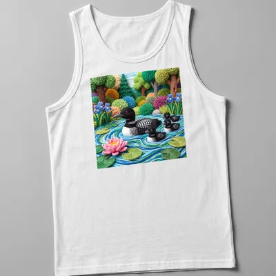 Textured yarn art of a loon family on a lake with vibrant colors — printed on a tank top