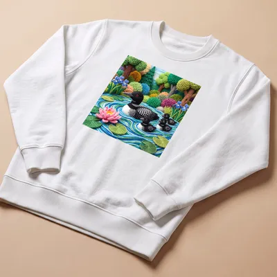 Textured yarn art of a loon family on a lake with vibrant colors — printed on a unisex sweatshirt