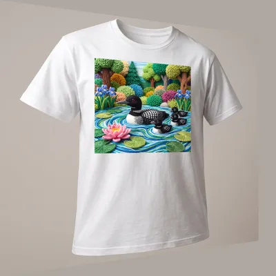 Textured yarn art of a loon family on a lake with vibrant colors — printed on a unisex t-shirt (angled view)