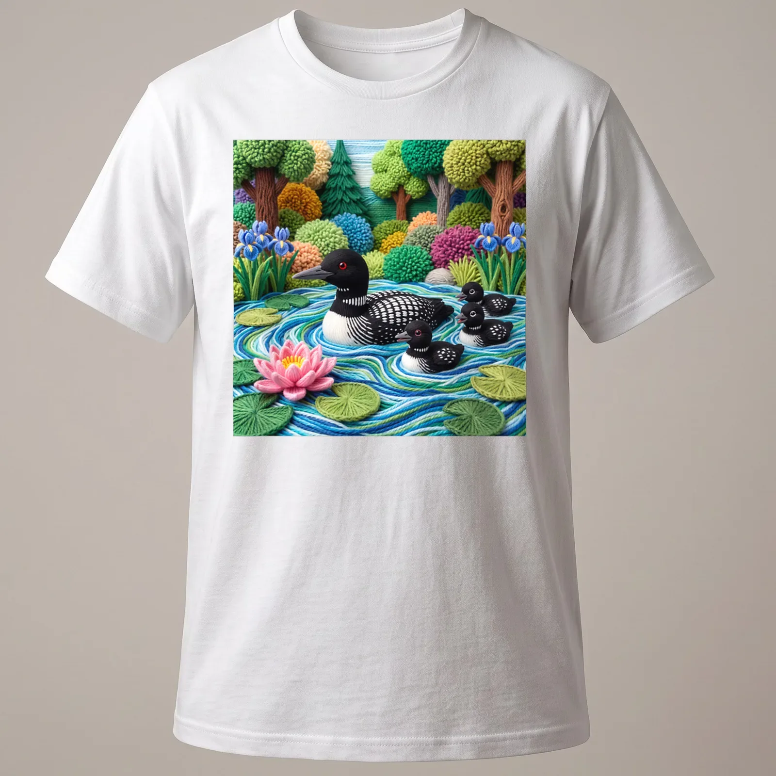 Textured yarn art of a loon family on a lake with vibrant colors — printed on a unisex t-shirt