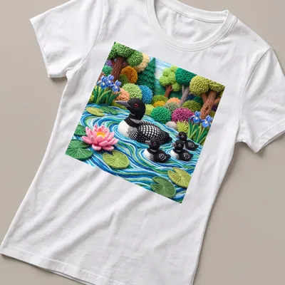 Textured yarn art of a loon family on a lake with vibrant colors — printed on a women's shirt