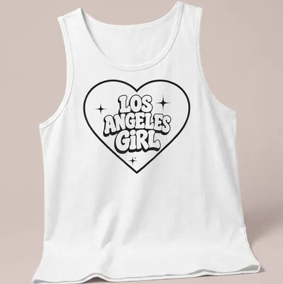 Bold black and white print of Los Angeles Girl with heart graphic — printed on a tank top