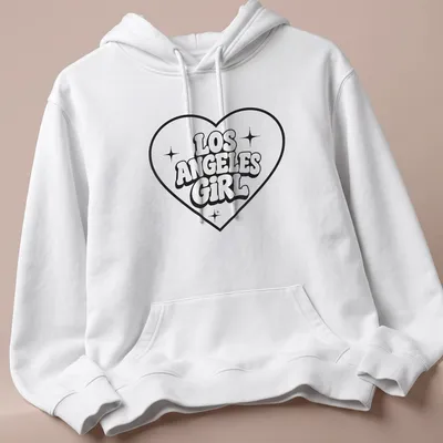 Bold black and white print of Los Angeles Girl with heart graphic — printed on a unisex hoodie