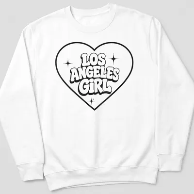 Bold black and white print of Los Angeles Girl with heart graphic — printed on a unisex sweatshirt