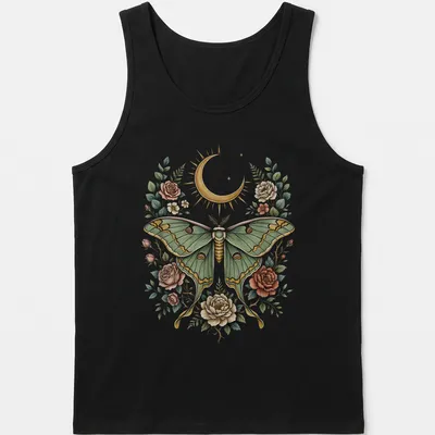 Illustration of a Luna moth surrounded by floral designs in green, gold, pink, and cream. — printed on a tank top