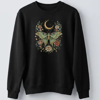Illustration of a Luna moth surrounded by floral designs in green, gold, pink, and cream. — printed on a unisex sweatshirt