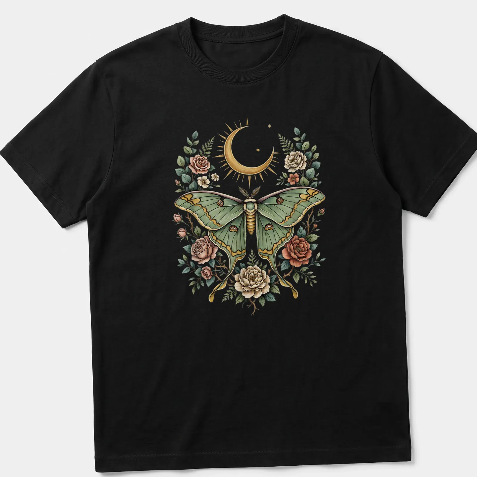 Illustration of a Luna moth surrounded by floral designs in green, gold, pink, and cream. — printed on a unisex t-shirt