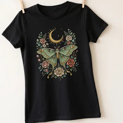 Illustration of a Luna moth surrounded by floral designs in green, gold, pink, and cream. — printed on a women's shirt