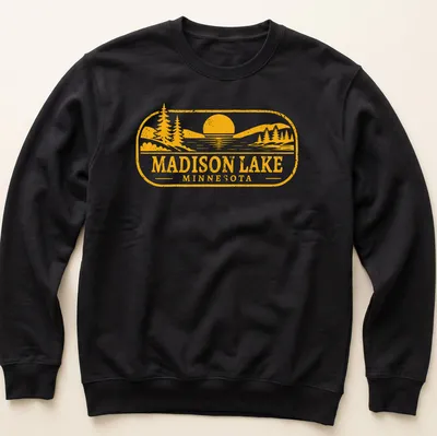 Vintage Madison Lake Minnesota t-shirt with sunset and pine trees — printed on a unisex sweatshirt