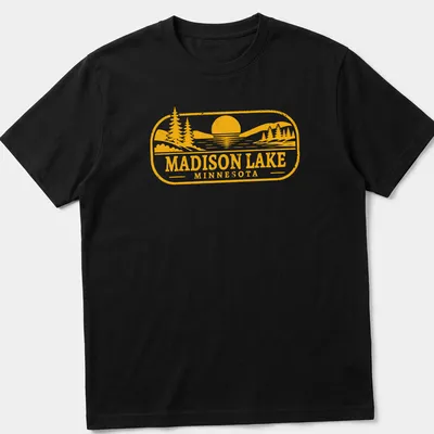 Vintage Madison Lake Minnesota t-shirt with sunset and pine trees — printed on a unisex t-shirt