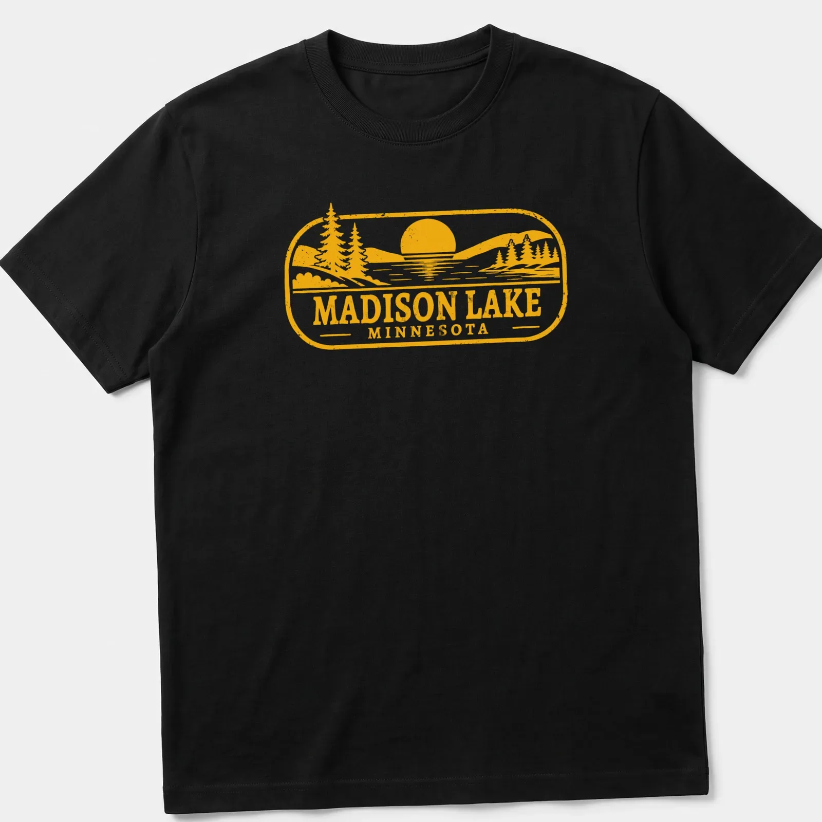 Vintage Madison Lake Minnesota t-shirt with sunset and pine trees — printed on a unisex t-shirt