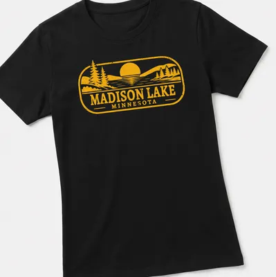 Vintage Madison Lake Minnesota t-shirt with sunset and pine trees — printed on a women's shirt