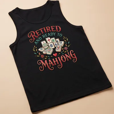 Vintage decorative Mahjong design featuring colorful tiles and playful text. — printed on a tank top