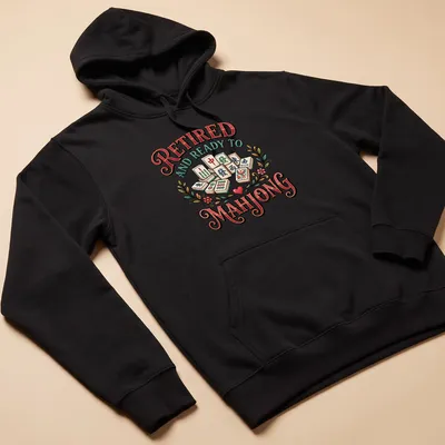 Vintage decorative Mahjong design featuring colorful tiles and playful text. — printed on a unisex hoodie