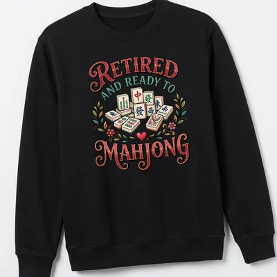 Vintage decorative Mahjong design featuring colorful tiles and playful text. — printed on a unisex sweatshirt