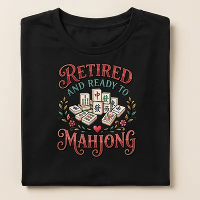 Vintage decorative Mahjong design featuring colorful tiles and playful text. — printed on a women's shirt
