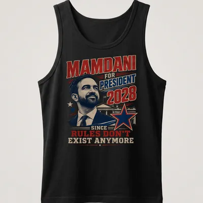 Vintage political tee featuring 'Mamdani for President 2028' with humorous text. — printed on a tank top