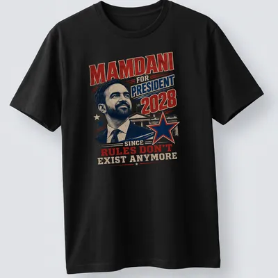 Vintage political tee featuring 'Mamdani for President 2028' with humorous text.