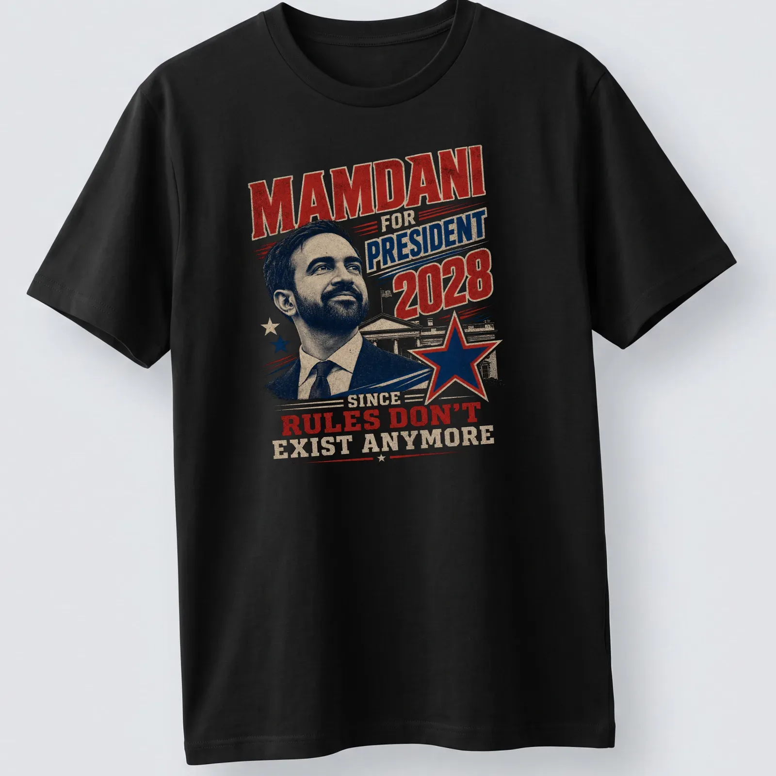 Vintage political tee featuring 'Mamdani for President 2028' with humorous text. — printed on a unisex t-shirt