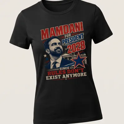 Vintage political tee featuring 'Mamdani for President 2028' with humorous text. — printed on a women's shirt