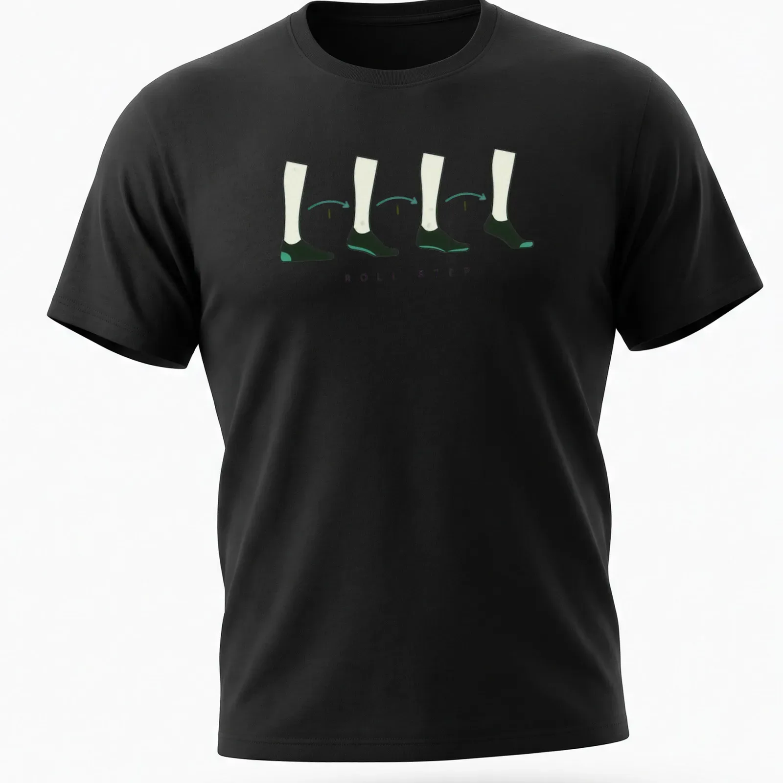 Line art design featuring the phrase 'ROLL STEP' with a marching band theme in black and green. — printed on a unisex t-shirt