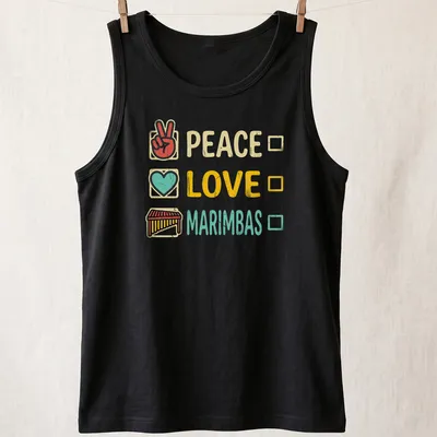 Retro t-shirt with colorful graphic of marimbas and the words Peace and Love — printed on a tank top