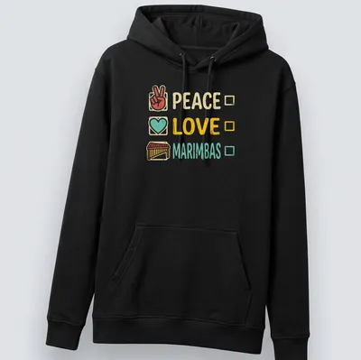 Retro t-shirt with colorful graphic of marimbas and the words Peace and Love — printed on a unisex hoodie
