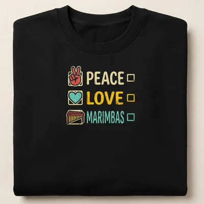 Retro t-shirt with colorful graphic of marimbas and the words Peace and Love — printed on a unisex sweatshirt
