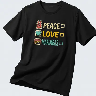 Retro t-shirt with colorful graphic of marimbas and the words Peace and Love — printed on a unisex t-shirt